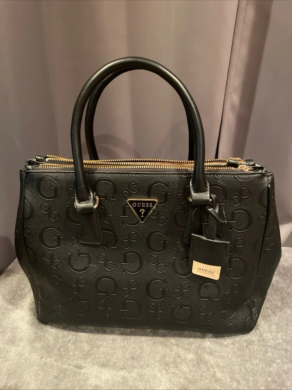 GUESS Black Embossed Logo Satchel with Gold Hardware